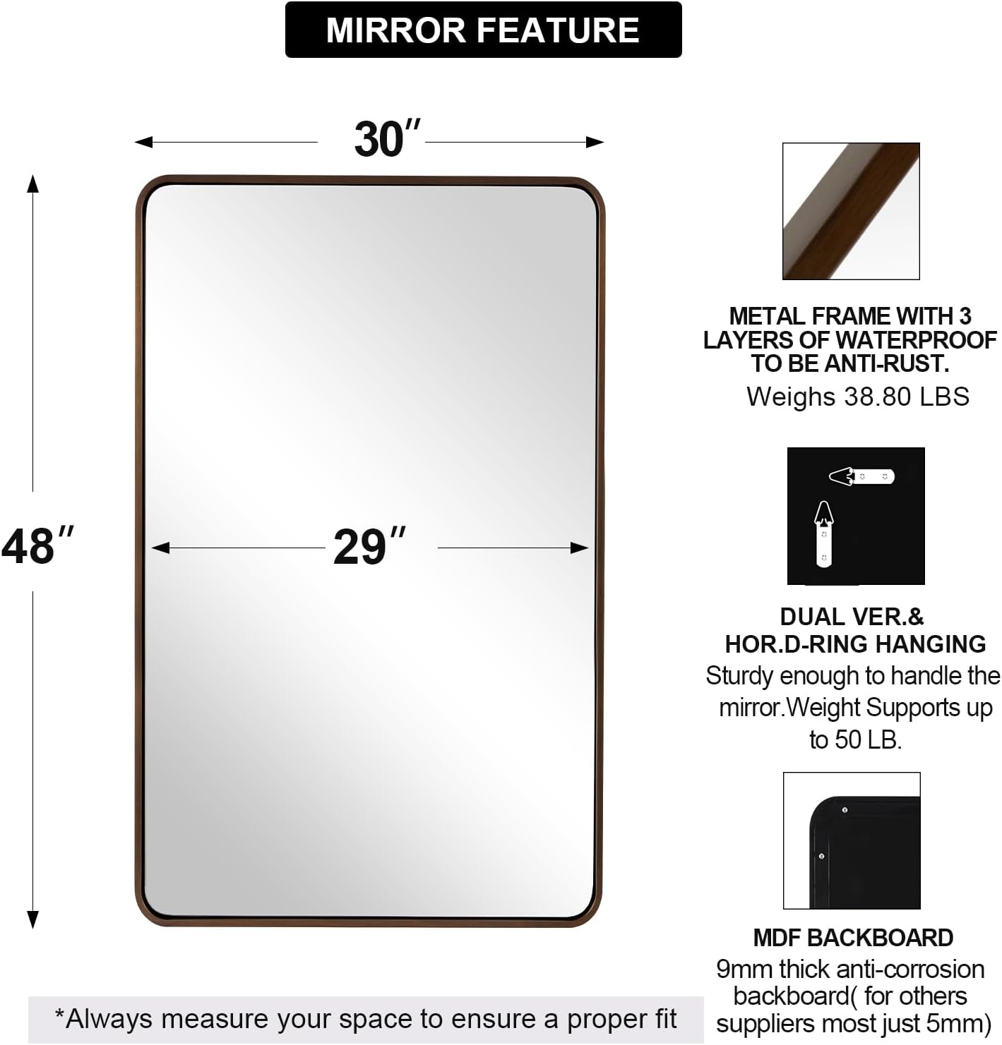 ANDY STAR Bronze Bathroom Mirror, 30x48 Inch Oil Rubbed Bronze Mirror Rounded Rectangle Tube Metal Frame 1’’ Deep, Wall-Mounted Horizontal/Vertical