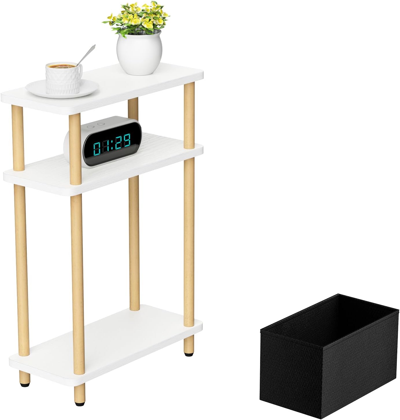 Narrow Side Table with Fabric Basket, 7" Wide, 3 Tier Skinny End Table with Wood Legs, Slim Nightstand/Bedside Table for Small Spaces, with Adjustable Feet, 15.7" L x 23" H