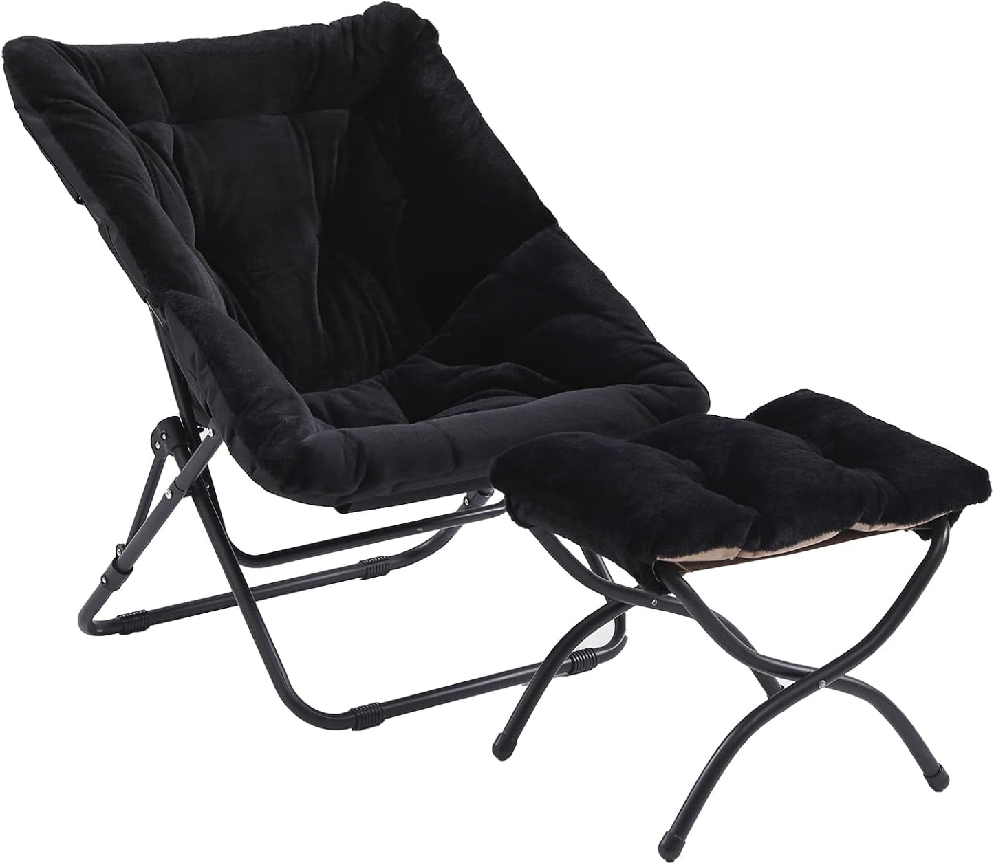 Comfy Folded Chair with Ottoman, Oversized Folding Faux Fur Chair Soft Furry Lounge Lazy Chair with Metal Frame Moon Chair Accent Chair for Bedroom, Living Room, Dorm Rooms