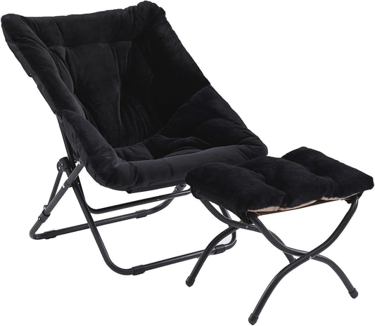 Comfy Folded Chair with Ottoman, Oversized Folding Faux Fur Chair Soft Furry Lounge Lazy Chair with Metal Frame Moon Chair Accent Chair for Bedroom, Living Room, Dorm Rooms