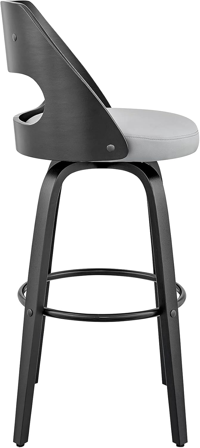 Armen Living Julius Mid Century Modern Swivel Bar Stool for Kitchen Island Counter in Gray Faux Leather and Black Wood, 26" Seat Height