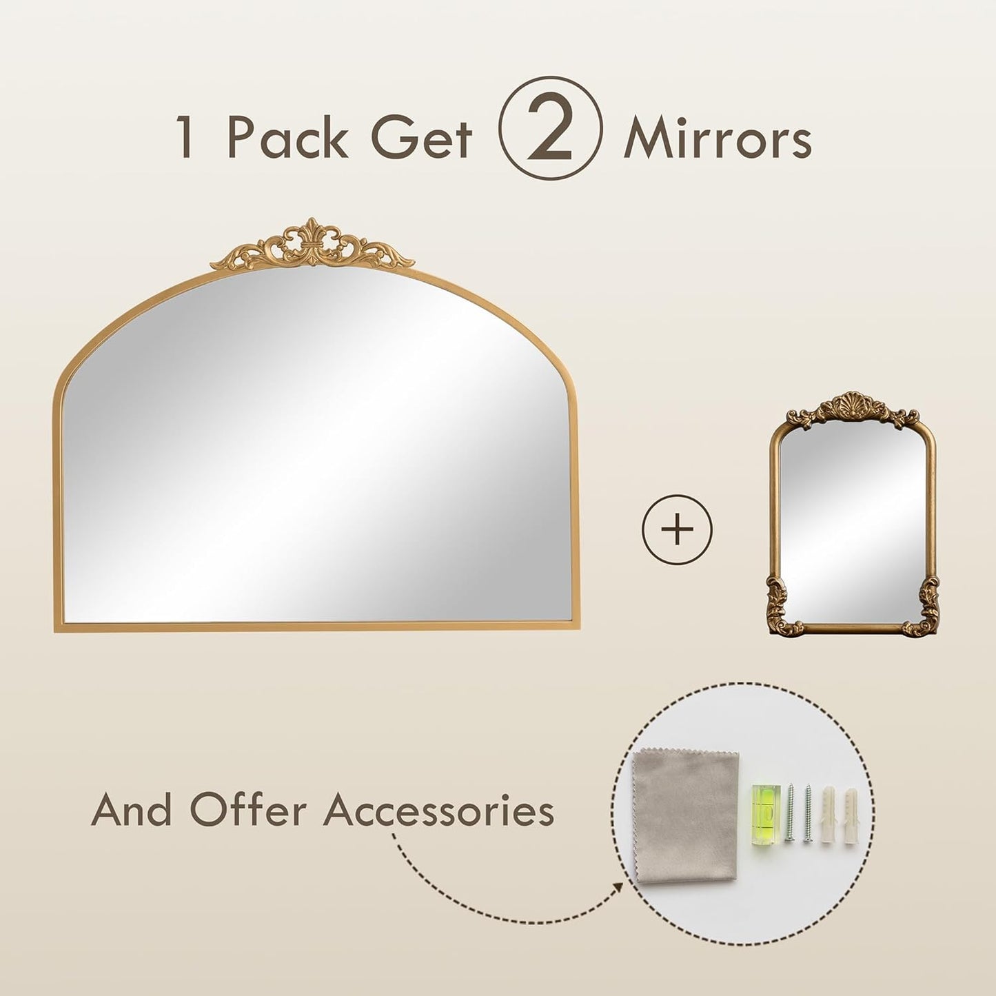 1 Set Vintage Mirror 36x29 Gold Antique Baroque Arched Ornate Traditional Brass Mirror and 8.5x12 Vintage Vanity Makeup Desk Table Mirror for Bathroom Entryway Living Room Hallway Fireplace