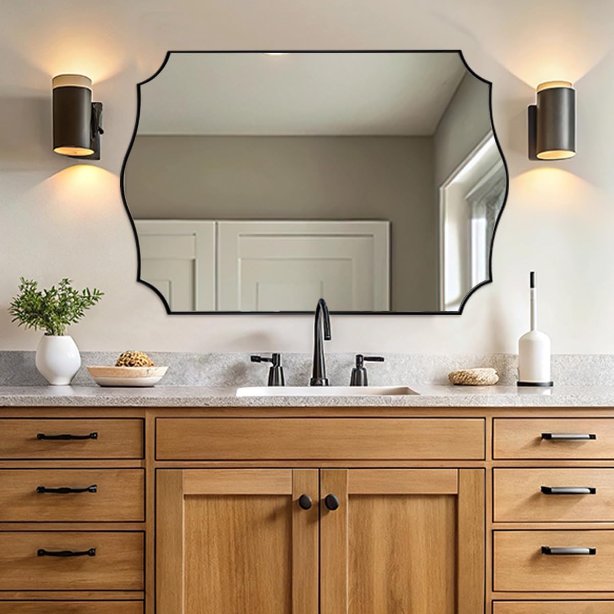 Black Wall Mirror, 24x36 Scalloped Mirror for Bathroom, Anti-Rust Metal Frame Vanity Mirrors for Living Room, Bedroom, Fireplace