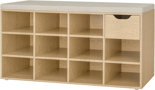 DINZI LVJ Shoe Storage Bench with Cushion, 11- Cubby Entryway Bench with Drawer and Adjustable Shelves, 40.9" Long Cubby Shoe Rack for Living Room, Bedroom, Mudroom, Natural and Cappuccino Beige