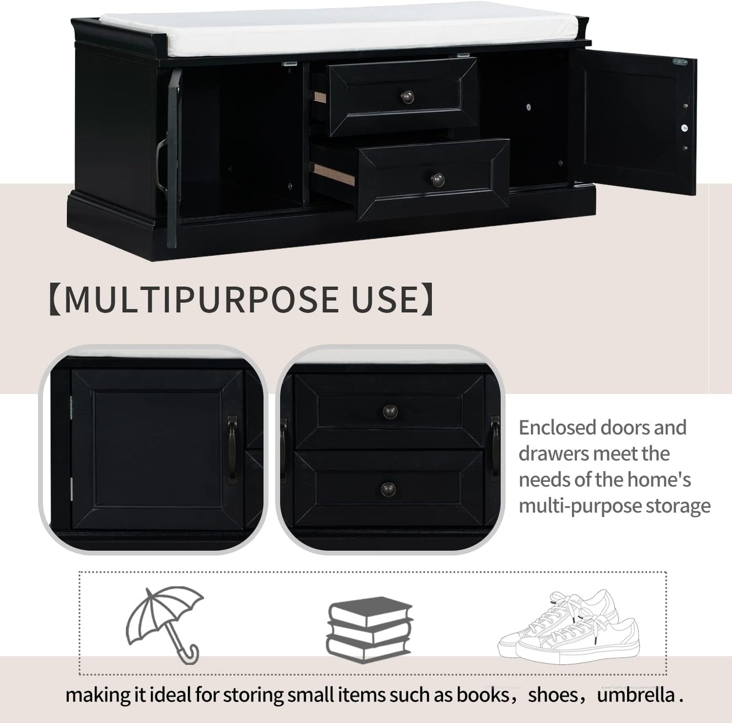 42″ Storage Bench with 2 Drawers and 2 Cabinets，Multipurpose Entryway Shoe Rack W/Removable Cushion，for Living Room Hallway Porch,Black