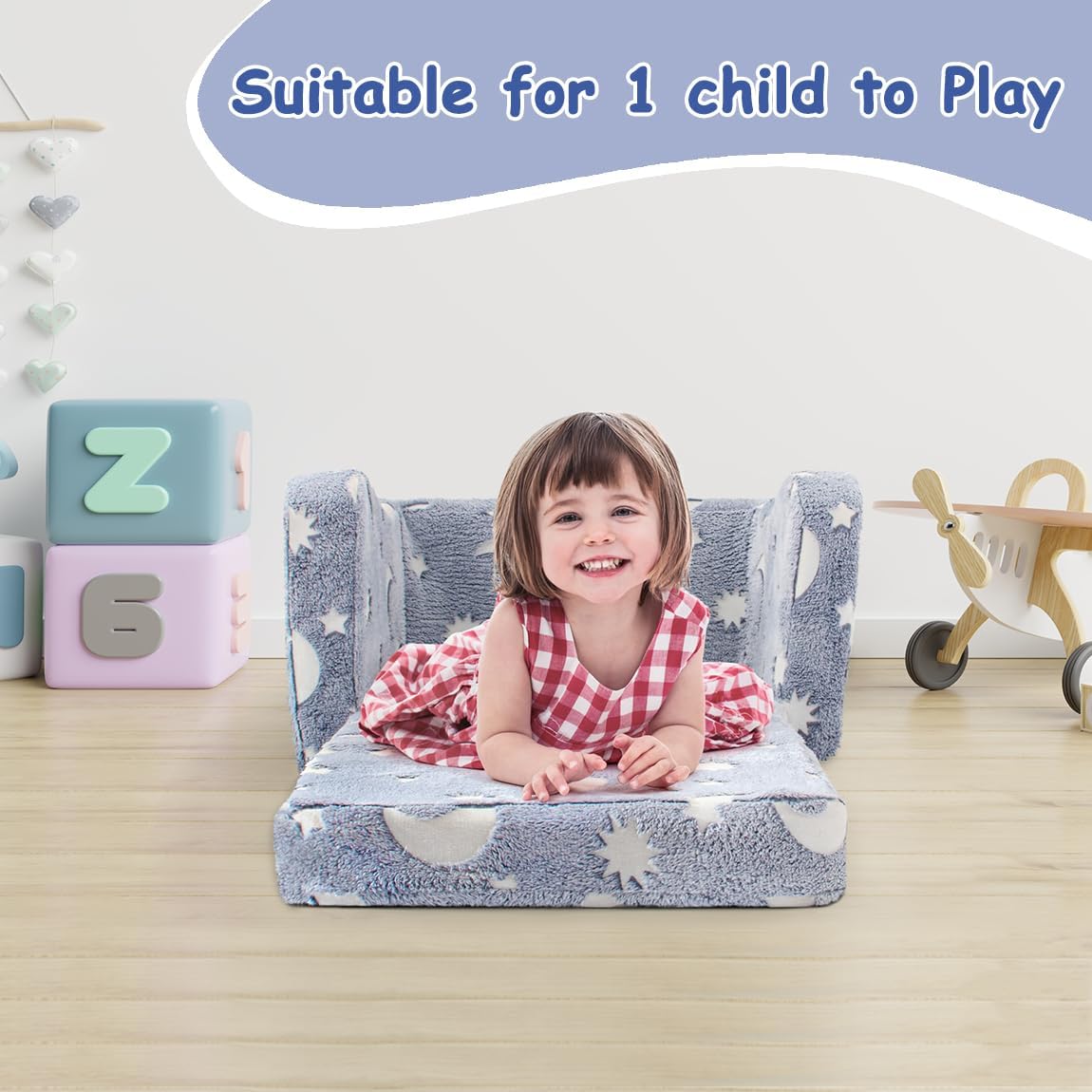 Kids Toddler Chair, 2-in-1 Toddler Couch Fold Out, Convertible Chairs for Toddlers Comfy Sofa to Lounger with Glow in The Dark Feature, Soft for Girls and Boys