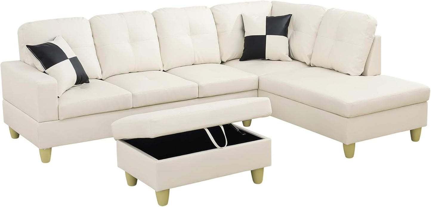 Couches for Living Room Faux Leather L Shaped Couch Comfy 3 Pieces Sectional Sofa with Chaise, Ottoman with Storage for Office and Small Apartment, White