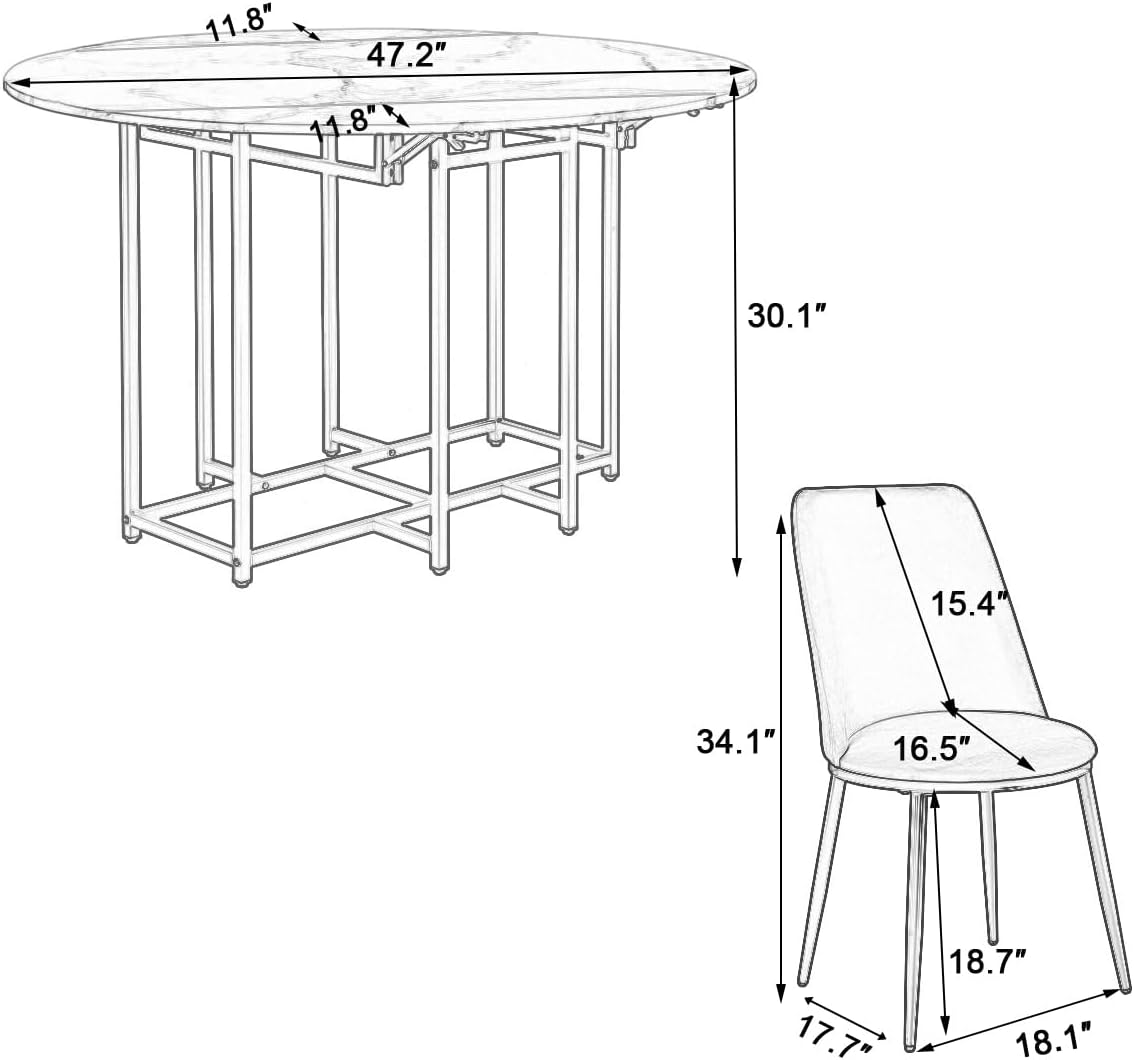Merax 47.2” Round Dining Table Set for 4, Foldable Kitchen Dining Table with 11.8” Drop Leaves, Faux Marble Top with Golden Frame, 4 Upholstered Chairs (White+Black)