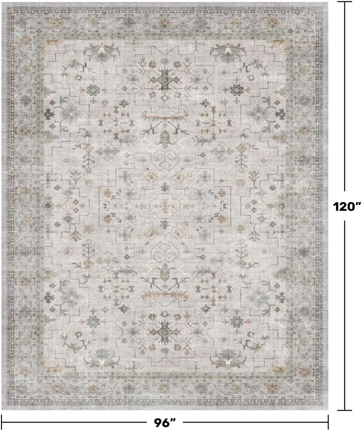 Boho Light Grey Living Room Rug 8x10 - Modern Vintage Eclectic Floral Pastel Neutral Taupe, Washable Low Pile Non-Slip Extra Large Area Rugs for Dining Under Table Bedroom Lounge
