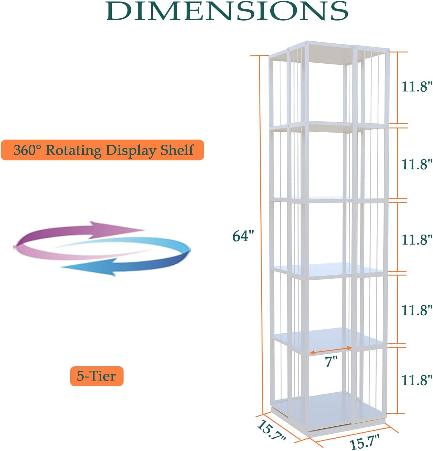 Square Rotating Bookshelf Tower - 360 Spinning Display Corner Bookcase for Narrow Space, Modern 5-Tier Revolving Storage Shelf, White