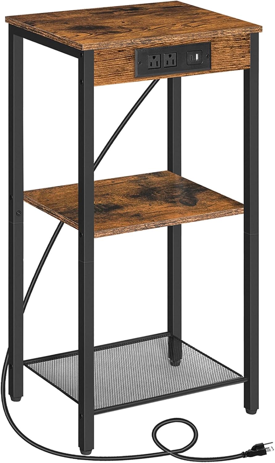 HOOBRO Tall End Table with Charging Station, 30 Inch Tall Nightstand, 3-Tier Side Table with Storage Shelves, for Living Room, Bedroom, Hallway, Rustic Brown BF09UDH01G1