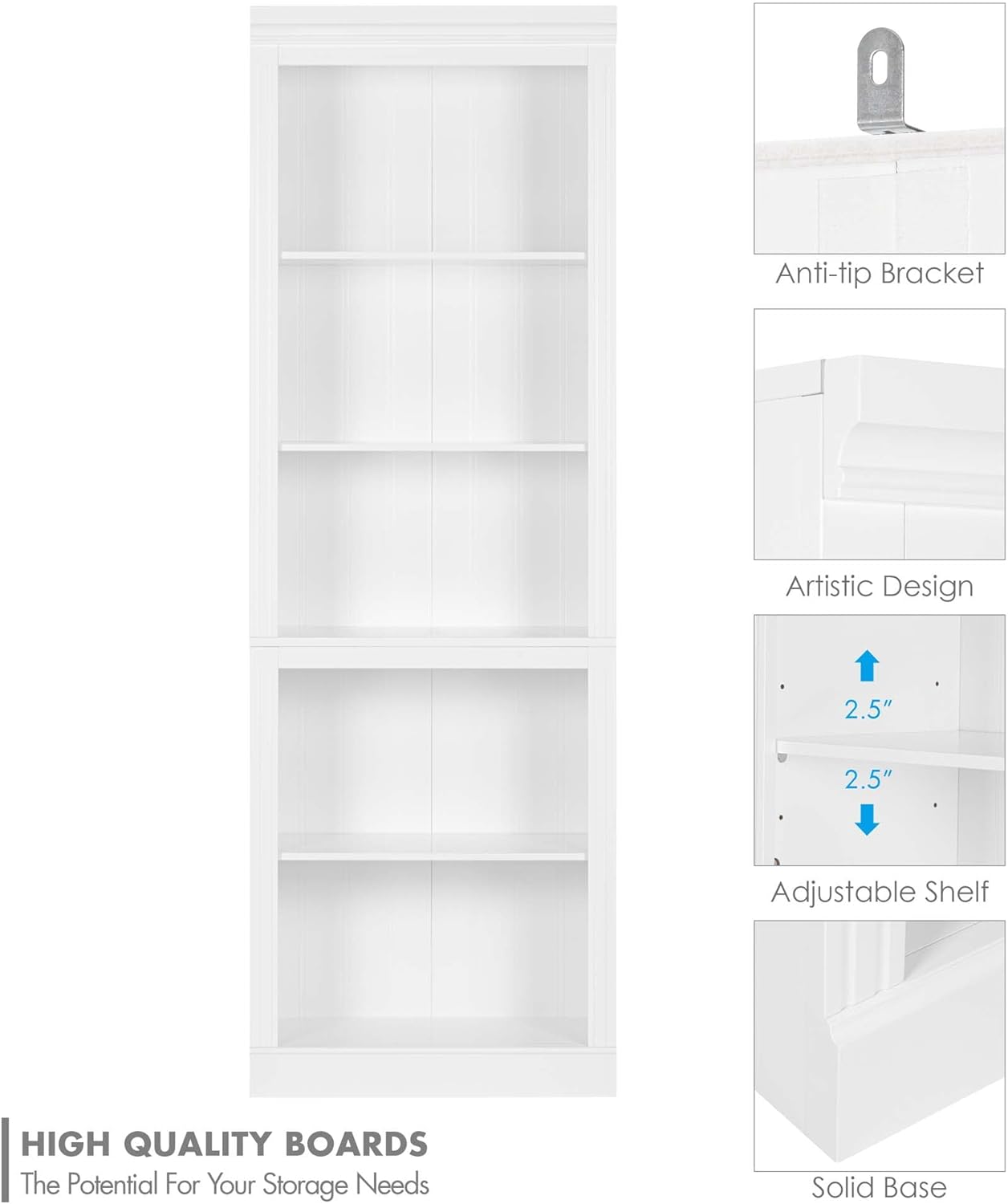 Spirich 5 Tier White Bookshelf, Tall Bookshelf with Storage, Open Wooden Book Shelf, Modern Large Bookcase for Living Room, Home Office, Dinning Room