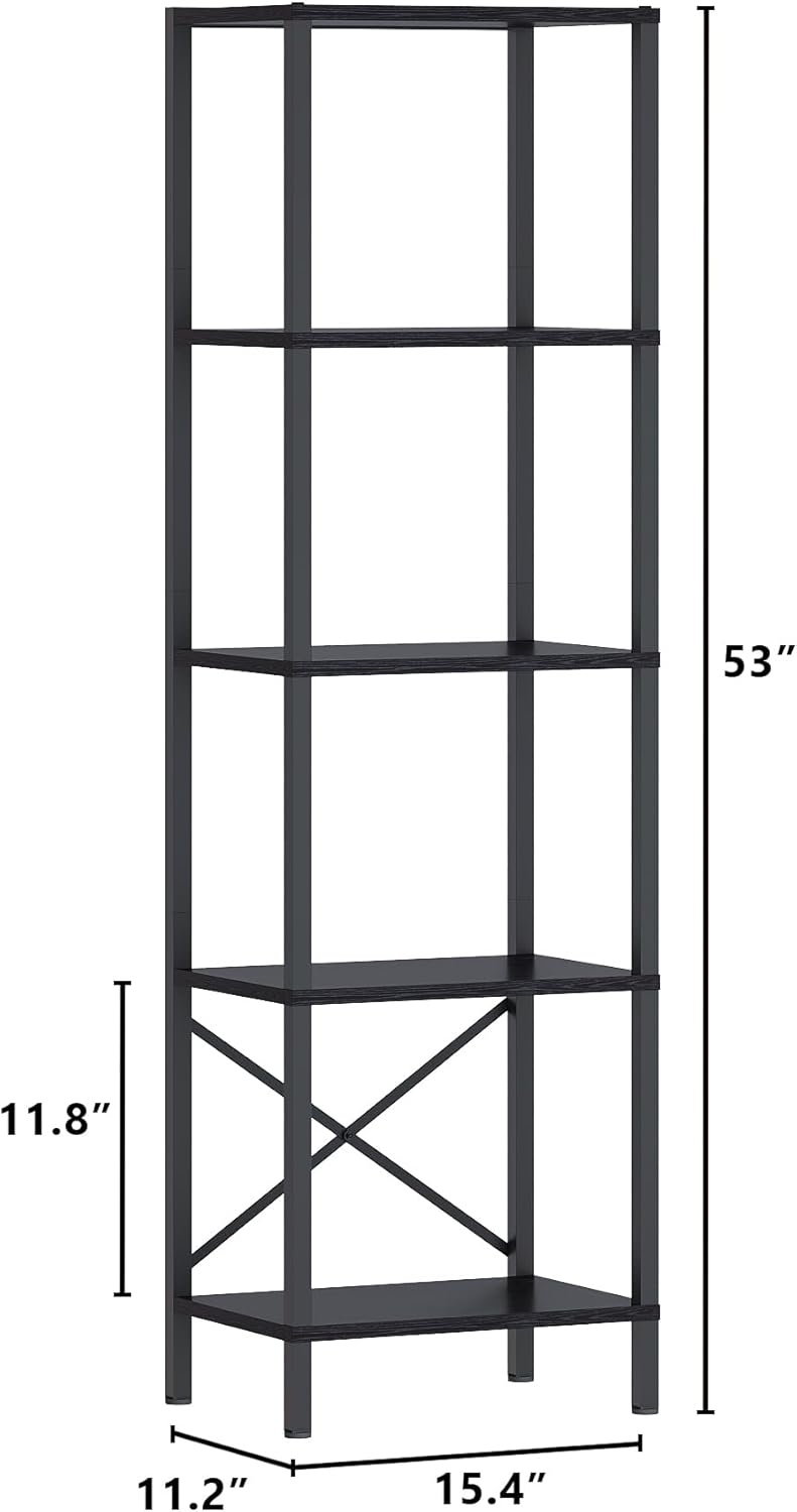 5-Tier Bookshelf, Tall Narrow Bookcase with LED Lights, Book Shelf with Steel Frame, Display Storage Shelf for Living Room, Bedroom, Home Office, Study, Balcony, Black