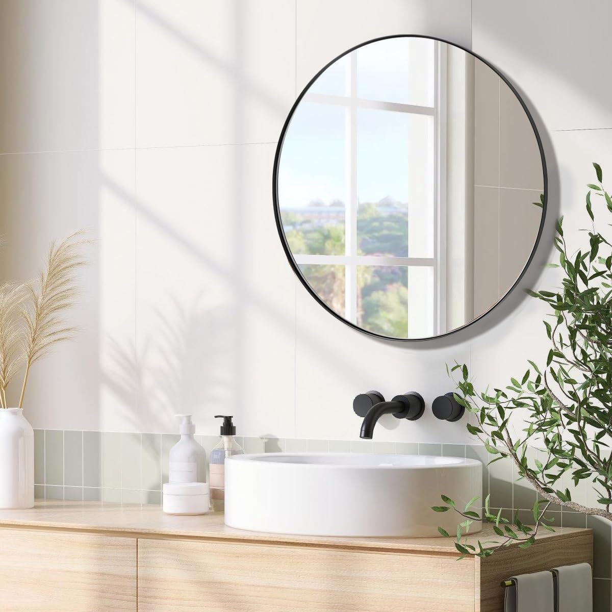 ANDY STAR Round Wall Mirror, 26" Black Round Mirror Metal Framed, Modern Metal Frame Bathroom Vanity Mirror (Matte Black Finish)