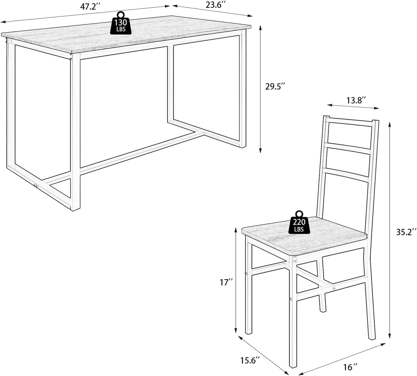 5-Piece Dining Table Set with 4 Chairs, 47.2" Kitchen Table Chairs Set of 4, Rectangular Industrial Style Dining Room Table Set with Backrest, Perfect for Small Space, Brown+White