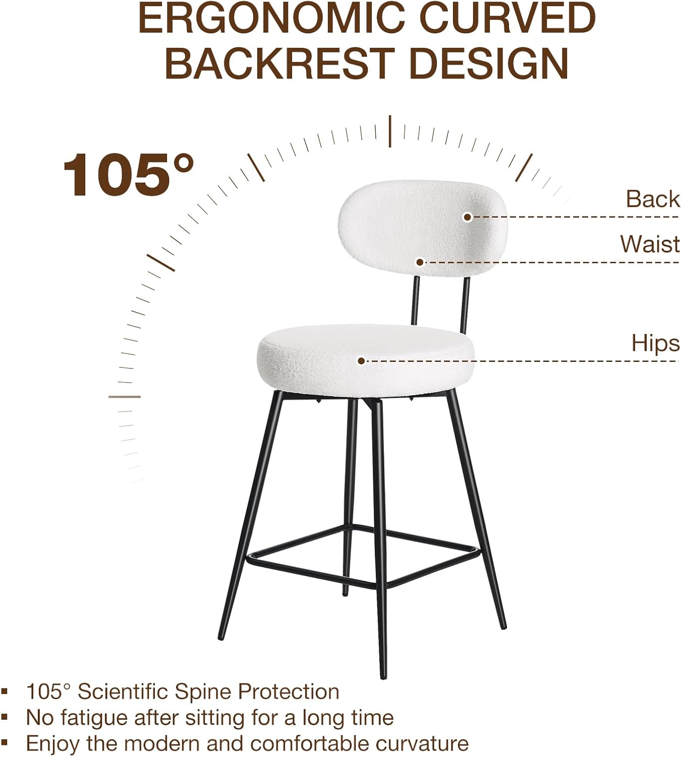 HOMMPA Counter Height Swivel Bar Stools Set of 2 Boucle Barstools 26'' Upholstered Modern Counter Barstools with Back Metal Legs Bar Stools Chairs for Kitchen Counter Island White