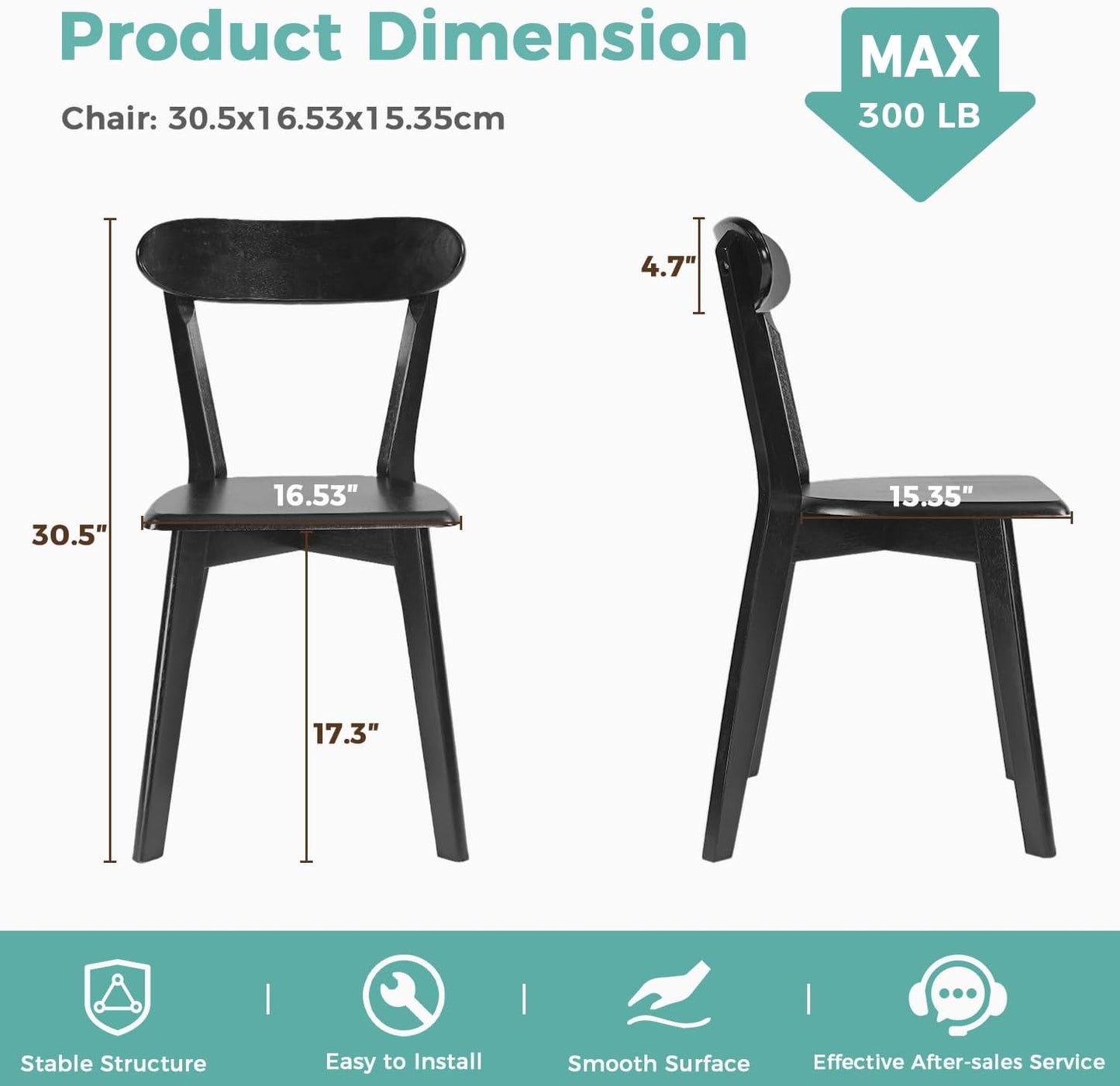 Solid Wood Dining Chairs Set of 2, Mid Century Modern Dining Room Chairs with Curved Backrest, Wooden Armless Kitchen Chairs for Dining Room, Space Saving, Black