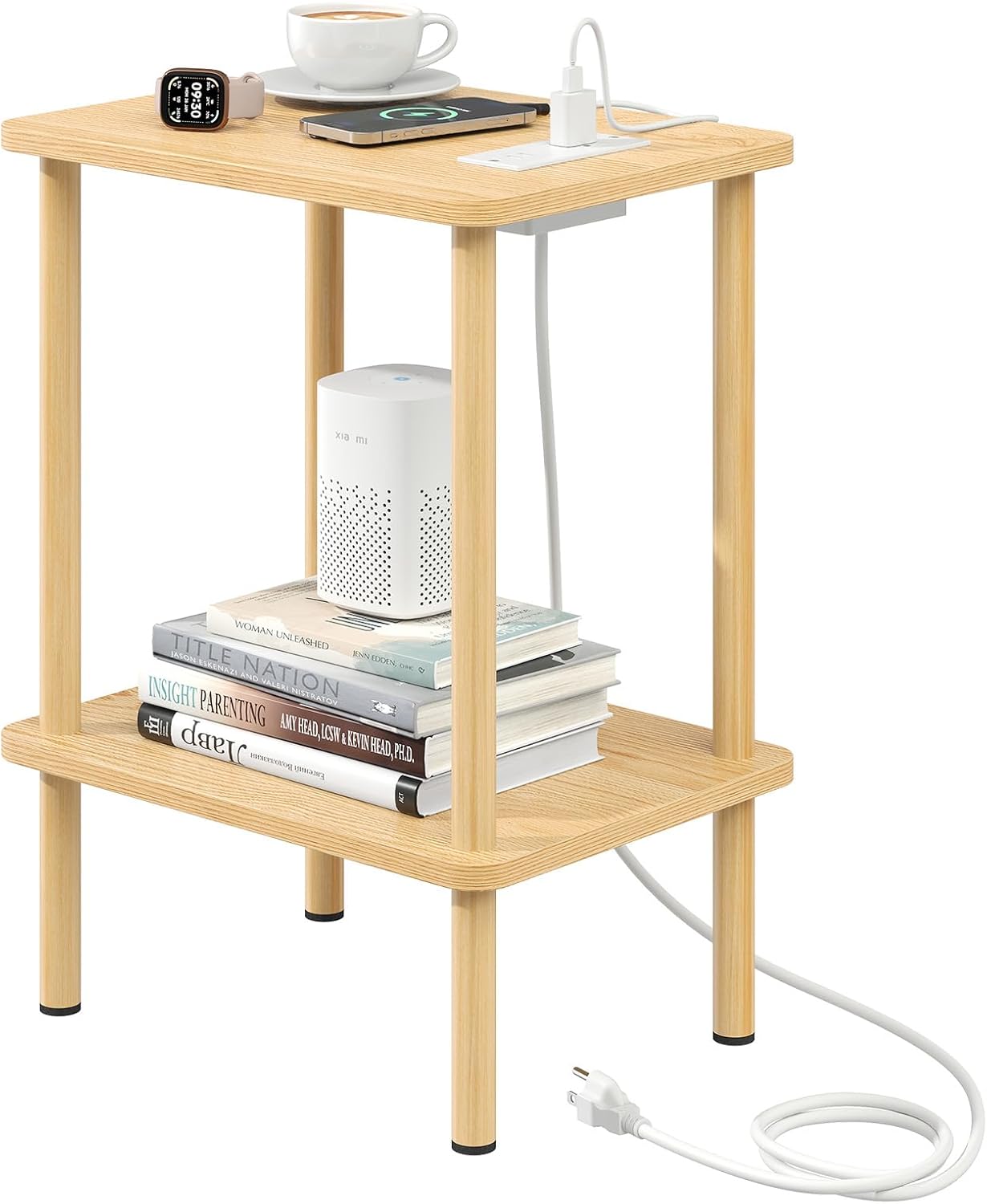 Apicizon 2 Tier End Table, Small Side Table with Charging Station, Boho Bedside Table with USB Ports and Outlets, Nightstand for Small Spaces, Bedroom, Living Room, Entryway, Easy Assembly, Natural