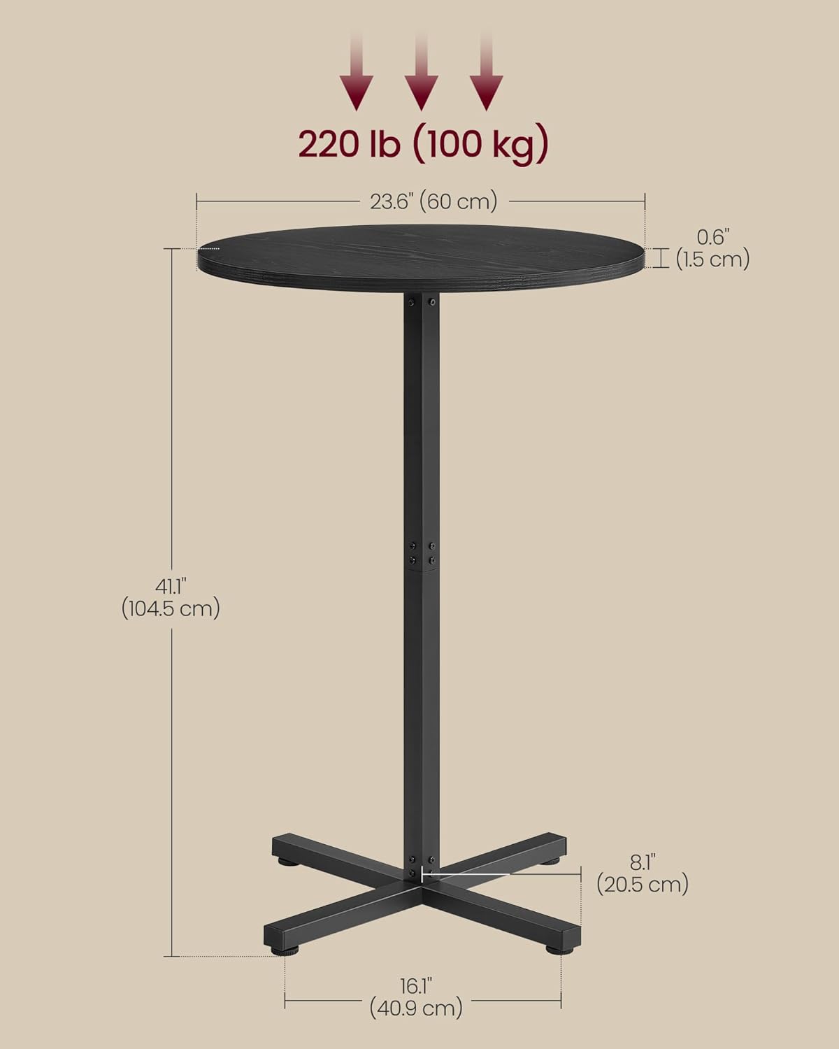 VASAGLE Round Cocktail Table, High Top Bar Pub Table with Metal Frame and Cross Base, for 2-3 People, Modern, Easy to Assemble, 23.6 x 23.6 Inches, Ebony Black ULBT361B01V1