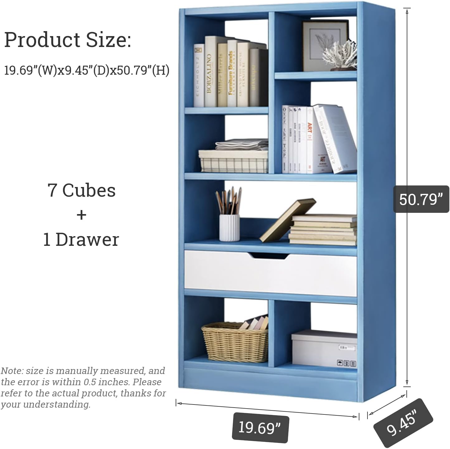 IOTXY Wooden Open Shelf Bookcase - 51" Height Freestanding Display Storage Cabinet Organizer with 7 Cubes and a Drawer, Floor Standing Bookshelf, Blue