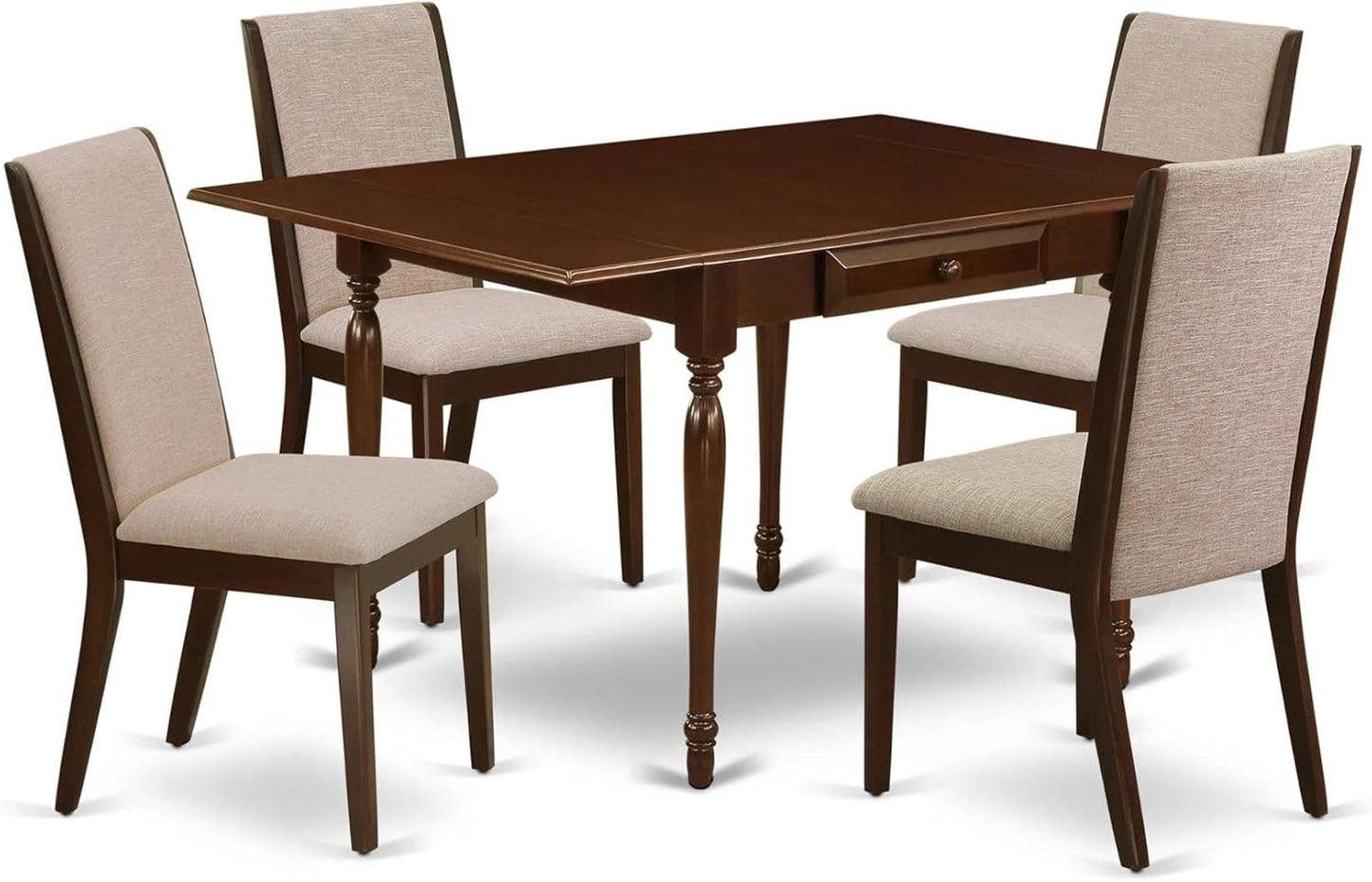 East West Furniture MZLA5-MAH-04 5 Piece Dining Room Furniture Set Includes a Rectangle Dining Table with Dropleaf and 4 Light Tan Linen Fabric Upholstered Chairs, 36x54 Inch, Mahogany
