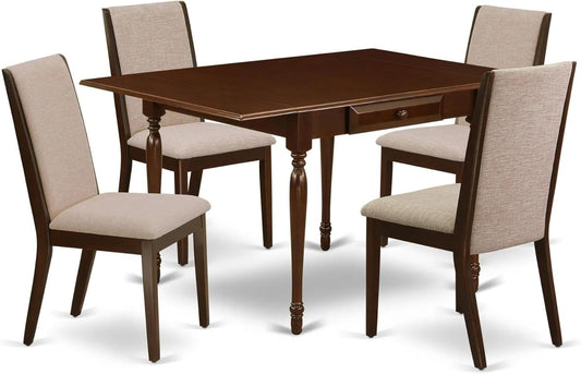 East West Furniture MZLA5-MAH-04 5 Piece Dining Room Furniture Set Includes a Rectangle Dining Table with Dropleaf and 4 Light Tan Linen Fabric Upholstered Chairs, 36x54 Inch, Mahogany