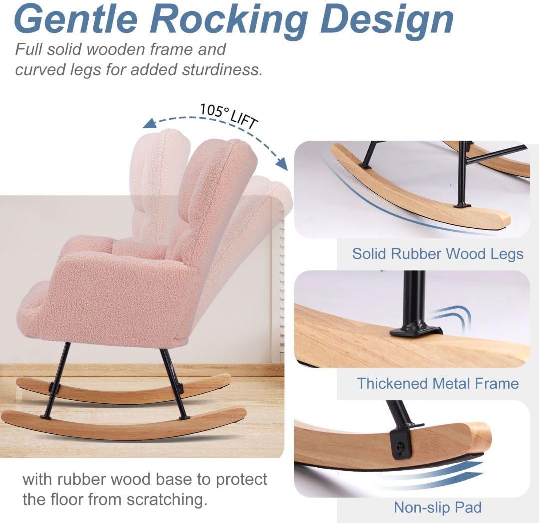 Nursery Rocking Chair, Boho Accent Ottoman, Teddy Upholstered Glider Rocker with High Backrest, Recliner Function and Foot Rest for Living Room, Small Spaces, Bedroom, Pink