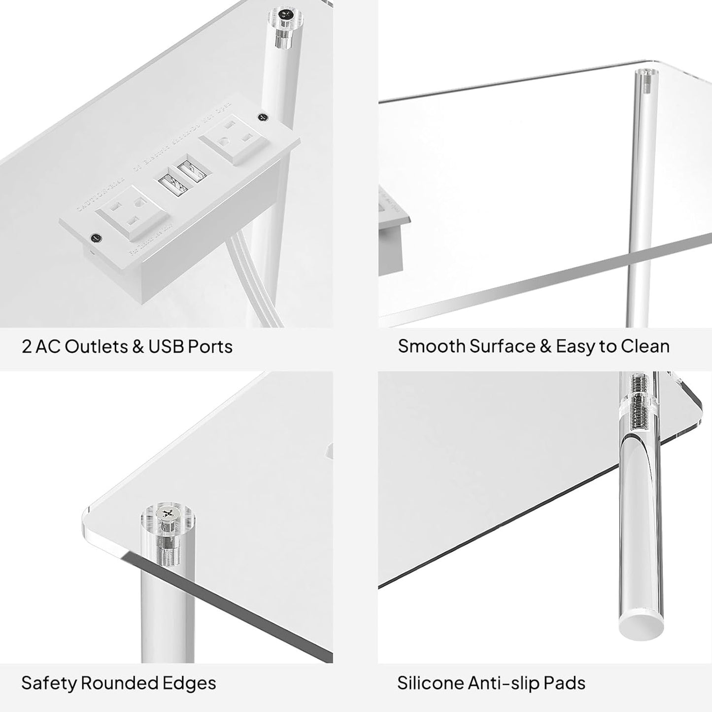 Eglaf Acrylic Side Table with Charging Station & USB Ports - Small Nightstand Bedside Table End Table for Living Room, Bedroom - 15.7'' L x 11.8'' W x 21.7'' H, 2 Tier