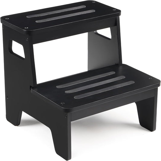 Wooden Step Stools for Kids, Heavy Duty Bamboo 2-Step Stepping Stools for Toddlers, DIY Non-Slip Pads & Handles, for High Bed, Bathroom, Toilet, Kitchen, RV, Black