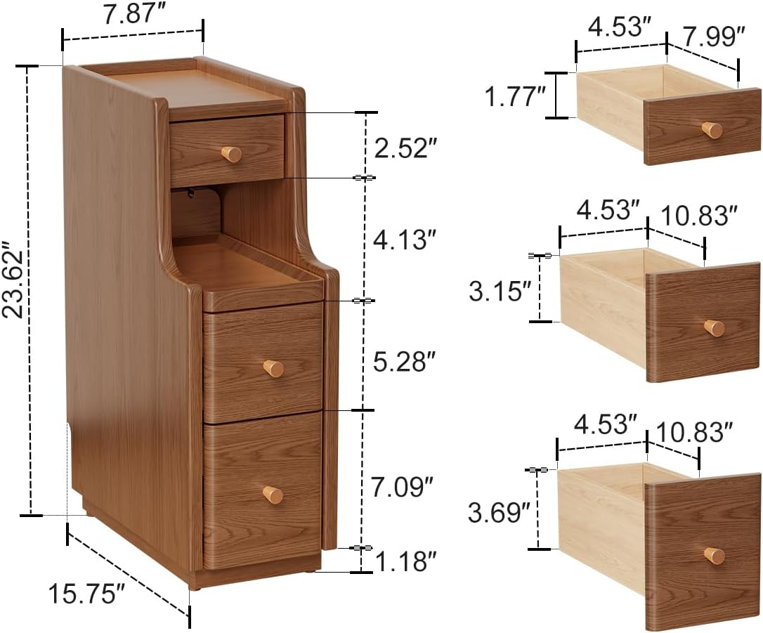 Narrow Nightstand with 3 Drawers,Solid Wood Small Nightstand Walnut, Modern Small Bedside Tables for Bedroom(Fully Assembly)