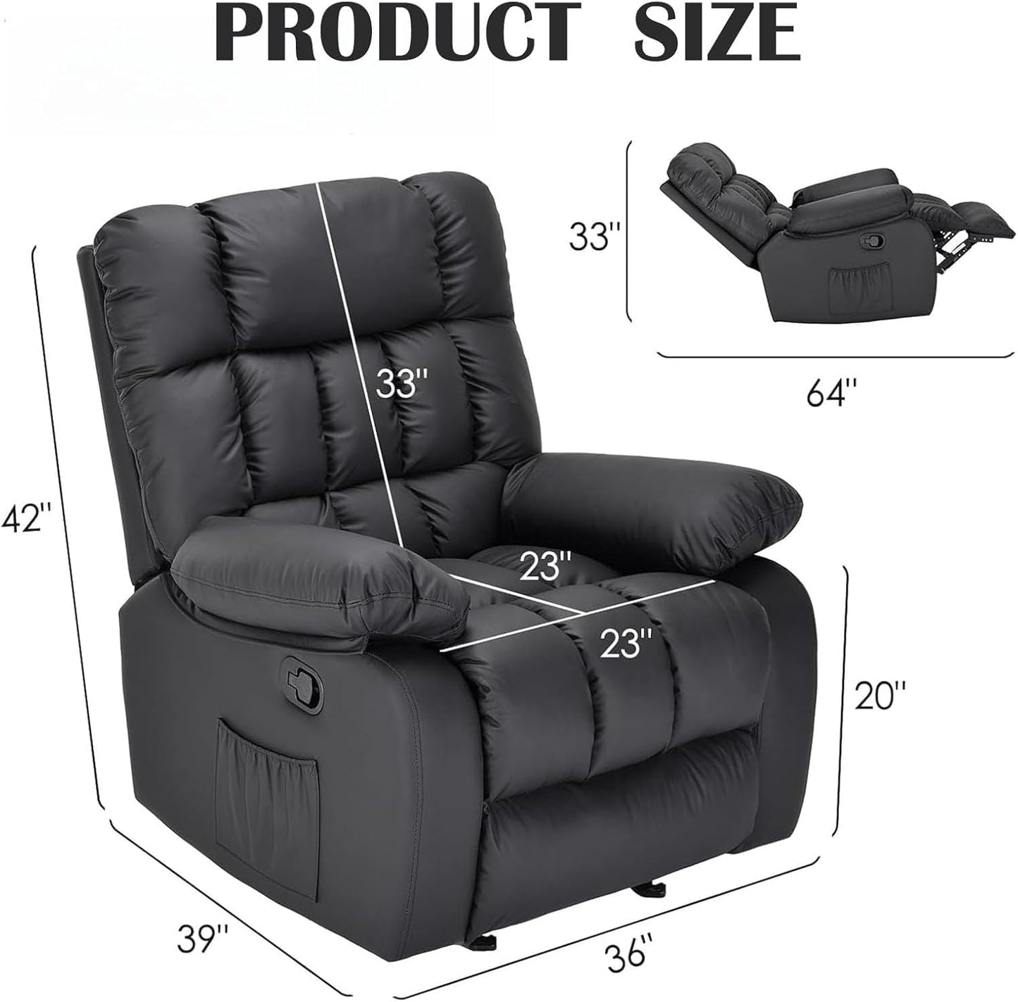 Oversized Recliner Chair, Leather Adjustable Recliner with Side Pockets, Living Room Reclining Lounge Chair for Adults, Small Spaces Comfy Sofa with Theater Seating for Bedroom, Black
