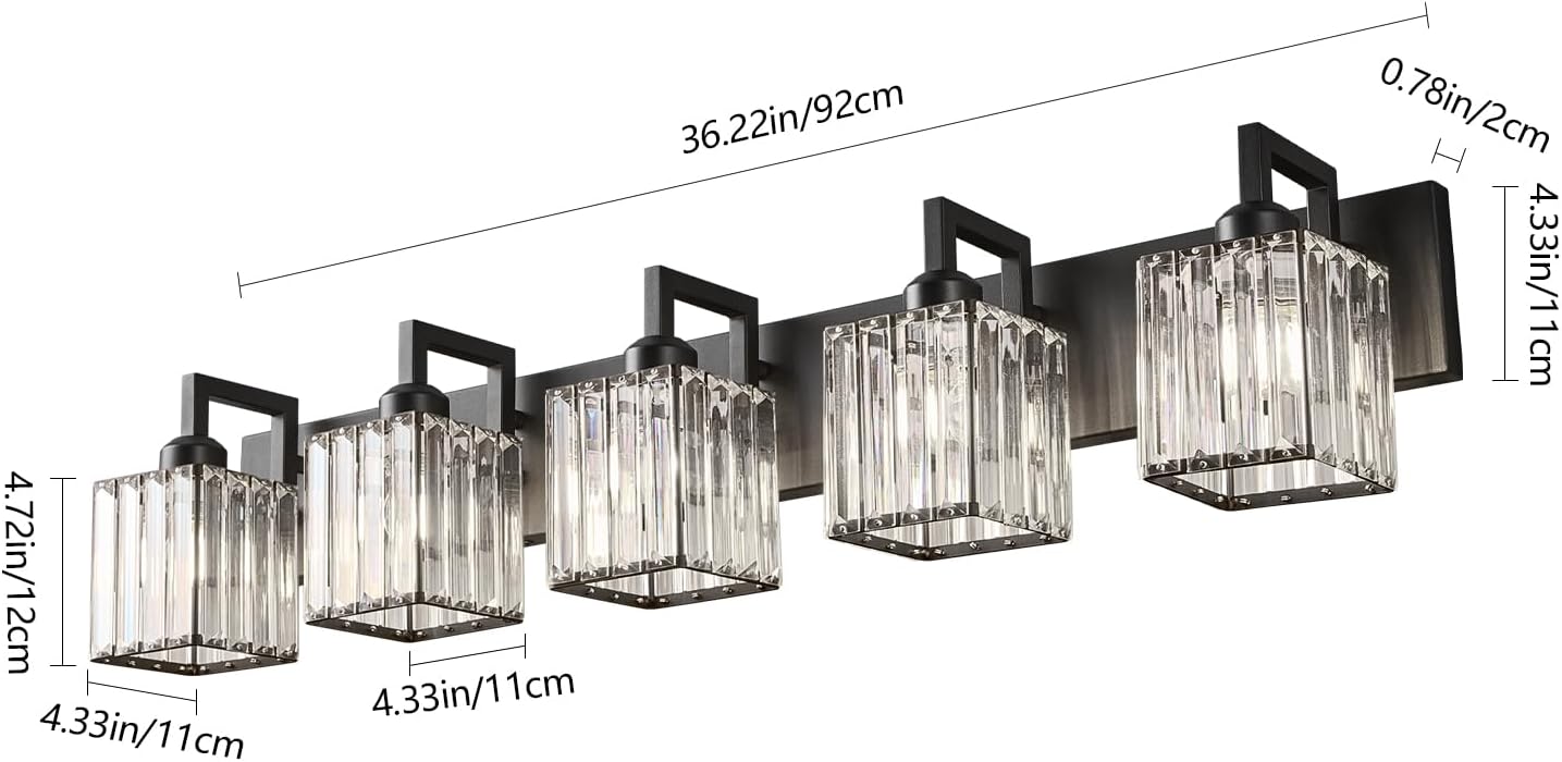 Modern Crystal Bathroom Vanity Light - 5-Lights Black Modern Crystal Wall Lamp for Bathroom Vanity Lighting