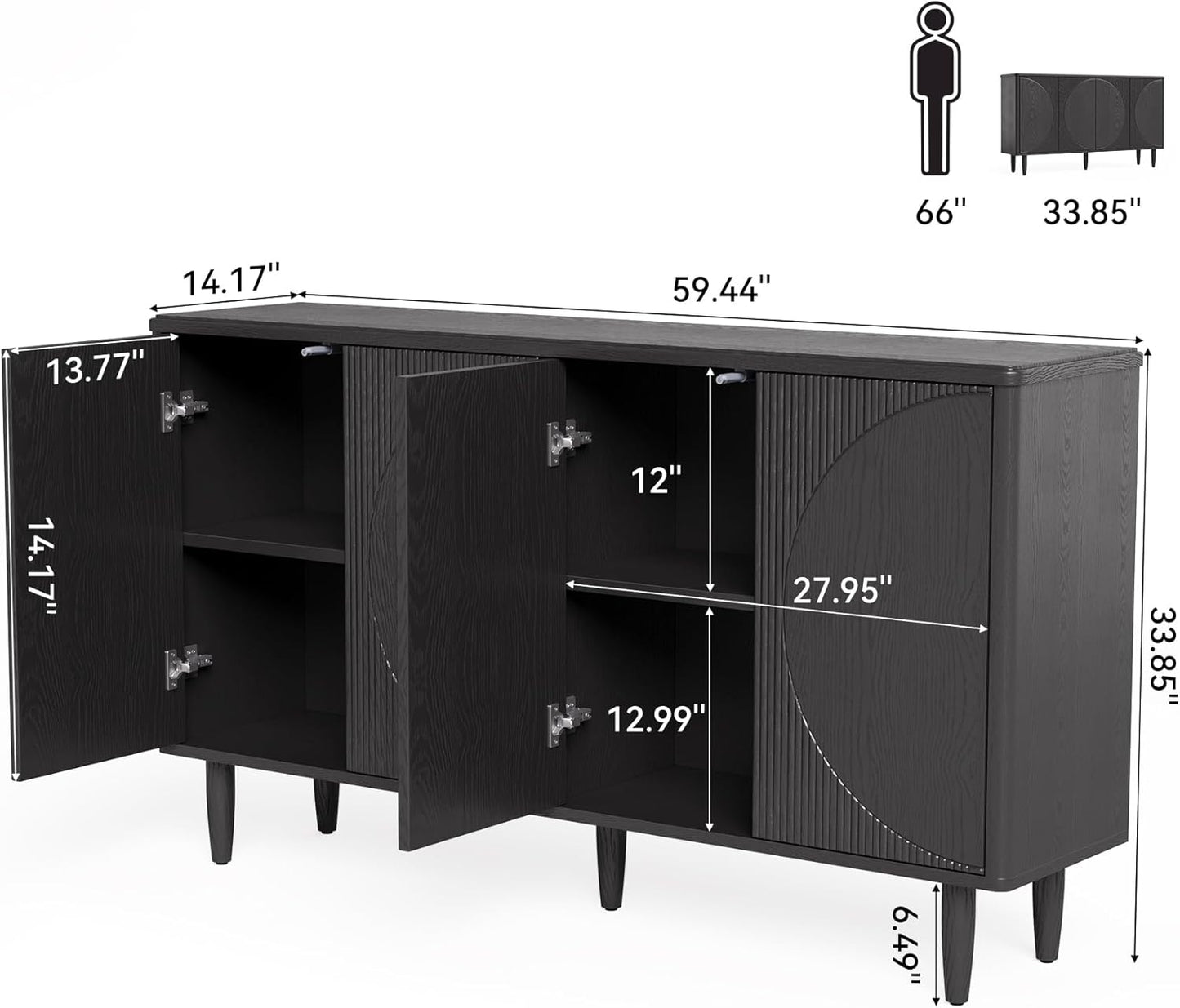 LITTLE TREE 59-Inch Buffet Cabinet Sideboard with Storage, Modern Sideboard Buffet Table with Doors for Living Room, Dining Room (Black)
