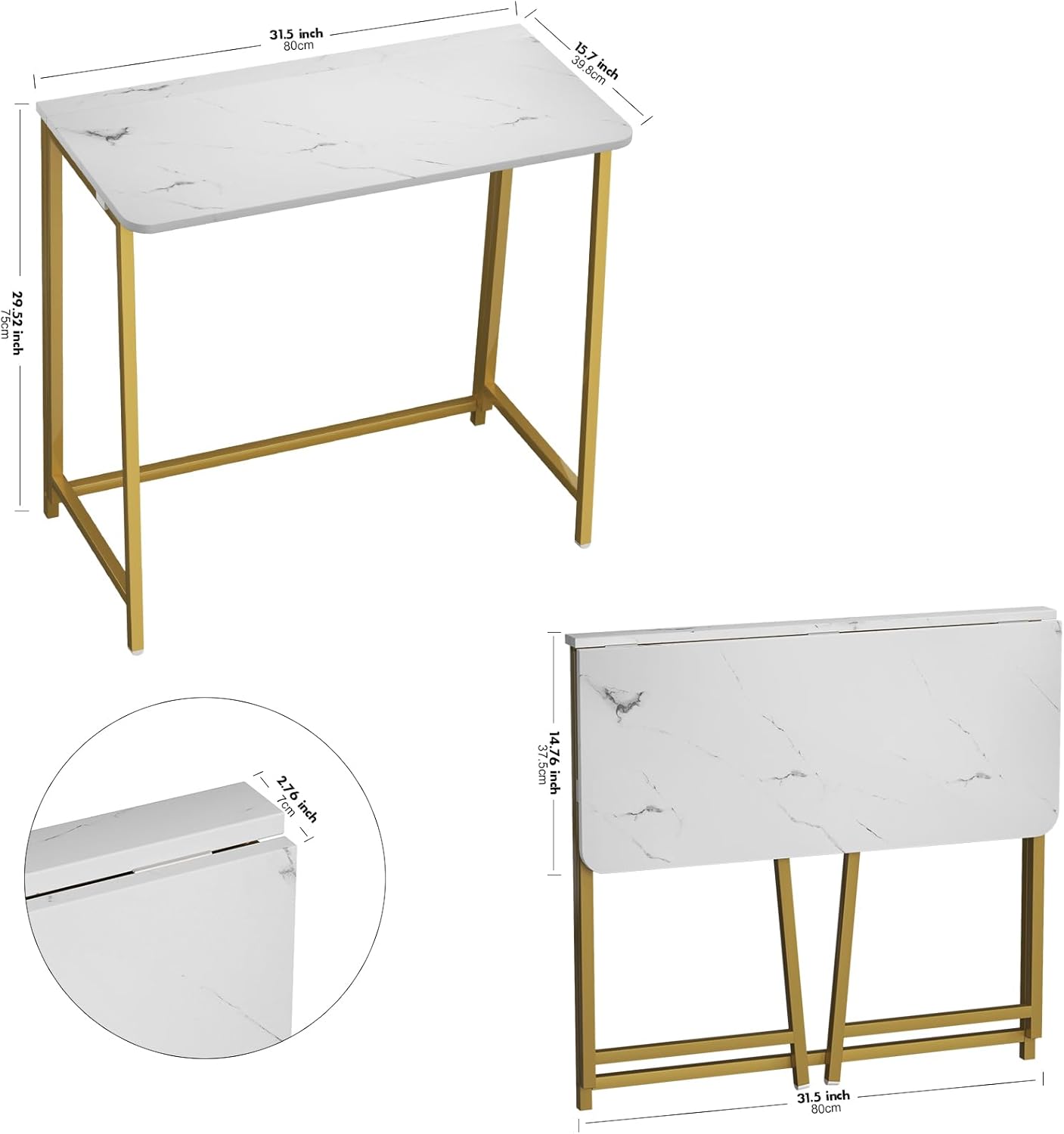 WOHOMO White Faux Marble Folding Desk, 31.5" Small Desk for Small Spaces with Gold Legs, Easy Assemble Foldable Computer Desk, Mini Portable Working Table for Home Office, White and Gold