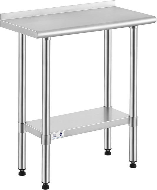 ROCKPOINT Stainless Steel Table for Prep & Work with Backsplash 14x30 Inches, NSF Metal Commercial Kitchen Heavy Duty Table with Adjustable Under Shelf and Table Foot for Restaurant, Home and Hotel