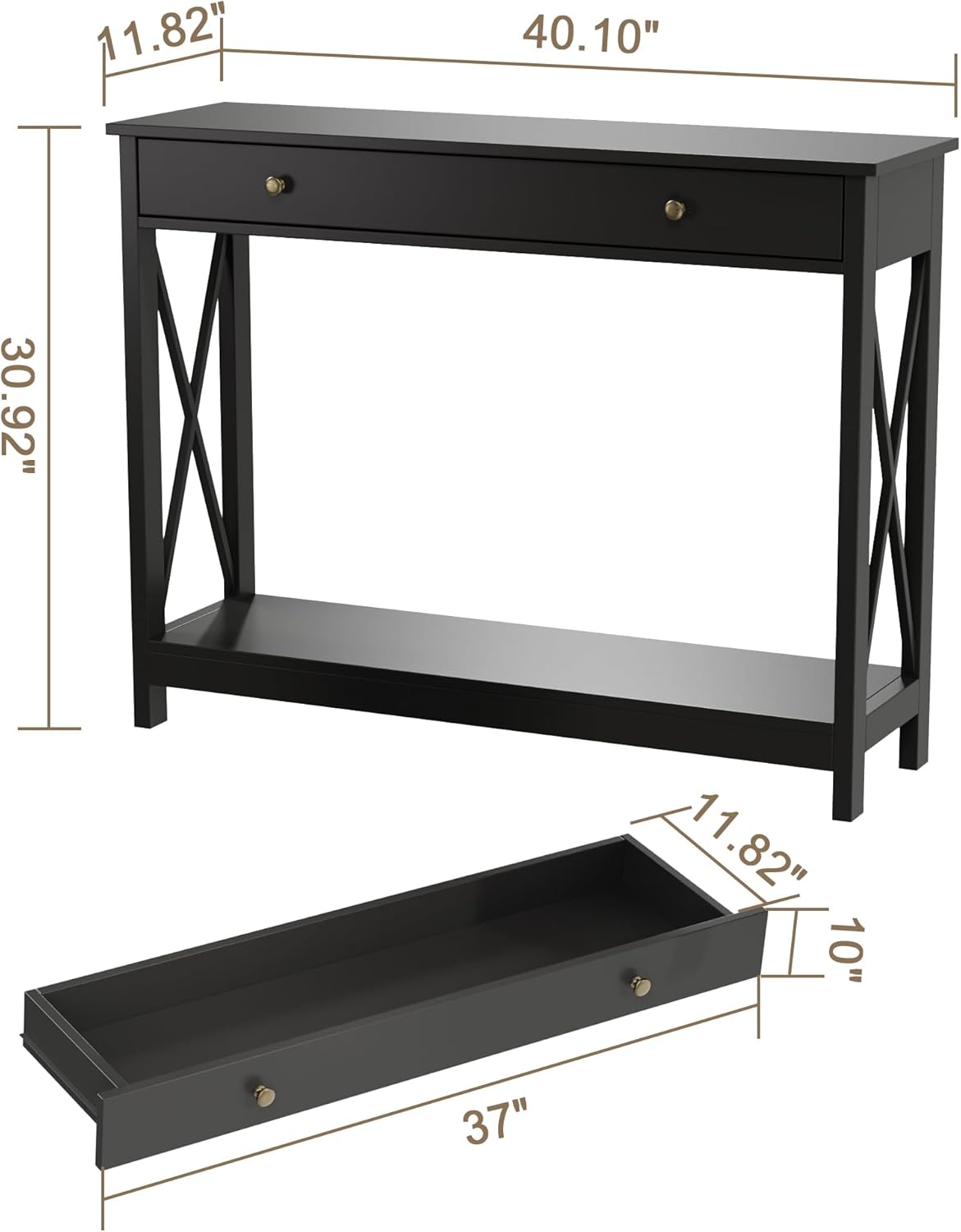 Treocho Black Console Table with Drawer and Storage Shelves, Foyer Sofa Table Narrow for Entryway, Living Room, Hallway