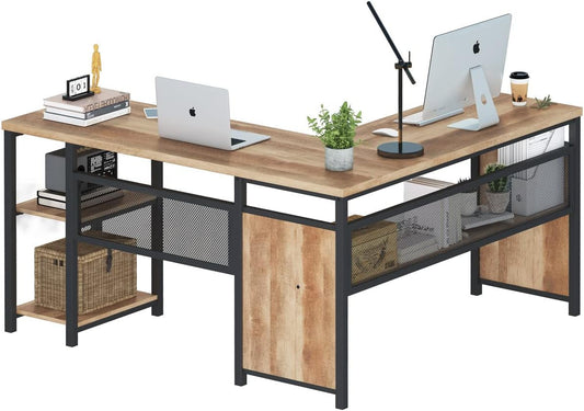 FATORRI L Shaped Computer Desk with Wood Shelves, Industrial Rustic Home Office Corner Desk with Metal Legs (Rustic Oak, 59 Inch)