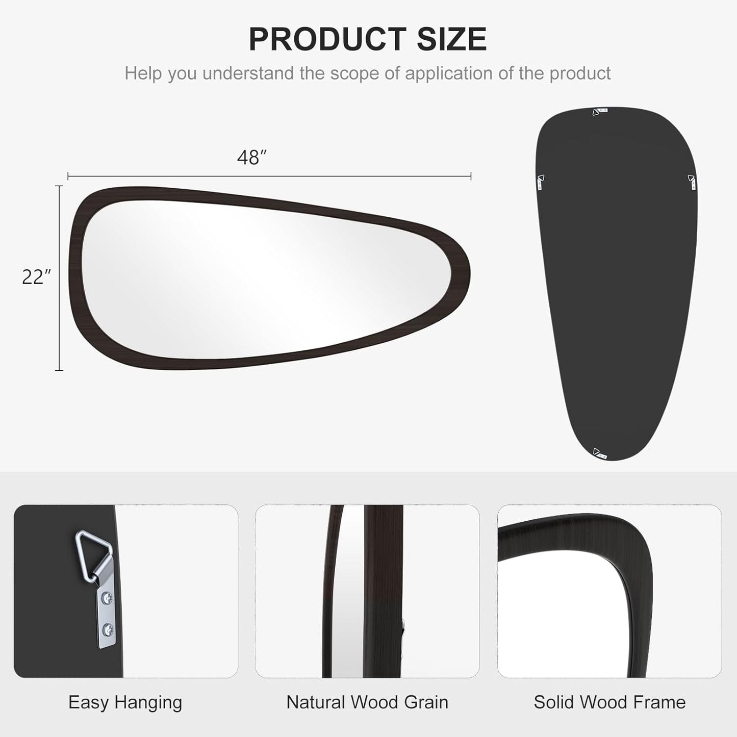 WallBeyond Asymmetrical Mirror, Irregular Wall Mirror, Wall Mirrors Decorative for Bedroom Living Room Entryway Hall, Wood Mirror for mid Century Modern Decor 48" H x 22" W, Black