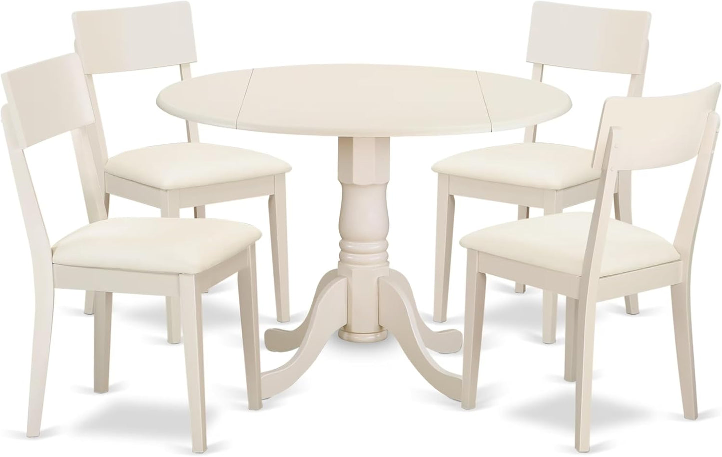 East West Furniture DLAD5-LWH-LC 5 Piece Modern Dining Table Set Includes a Round Wooden Table with Dropleaf and 4 Faux Leather Dining Room Chairs, 42x42 Inch, Linen White