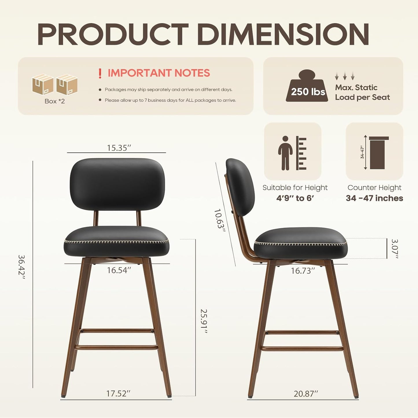 Swivel Bar Stools Set of 4, Mid Century PU Leather Counter Height Bar Chairs with Low Back and Metal Legs, Modern Bar Stool Chair for Kitchen Island, Black