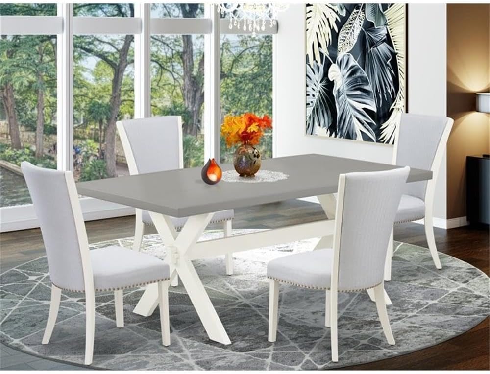 East West Furniture X097VE005-5 5 Piece Dining Room Table Set Includes a Rectangle Dining Table with X-Legs and 4 Grey Linen Fabric Upholstered Parson Chairs, 40x72 Inch, Multi-Color
