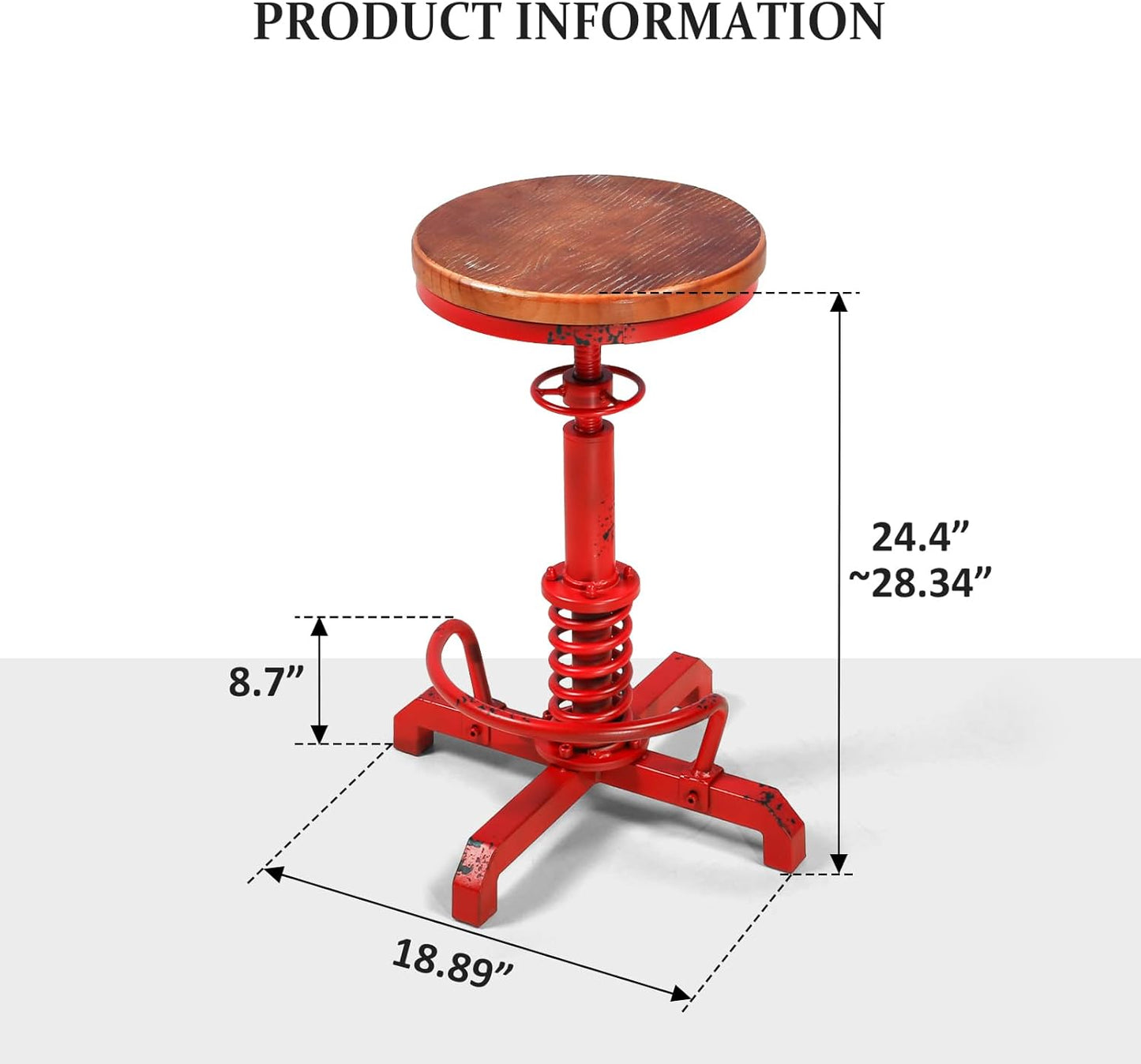 4-Piece American Antique Steampunk Bar Stool 24.41"-28.35" Vintage Industrial Adjustable Swivel Backless Counter Stool for Home, Dining, Breakfast, Pub, (Heavy Duty Metal & Wood, Aged Red, Brown Top)