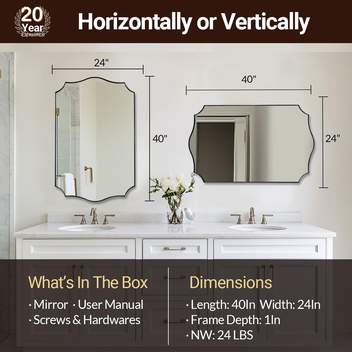 ANDY STAR 24x40 Inch Brushed Nickel Mirror, Unique Rectangle Bathroom Mirror, Large Decorative Mirror in Rust-Proof Stainless Steel 1" Frame, Modern Wavy Frame Design, Vertically/Horizontally