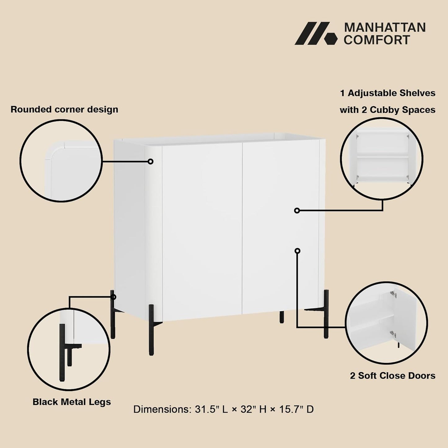 Manhattan Comfort Abbey Accent Cabinet with Doors, Tray Top Design and Adjustable Shelves, Sleek Modern Storage Furniture for Dining Area, Living Room, Bedroom, Entryway, White