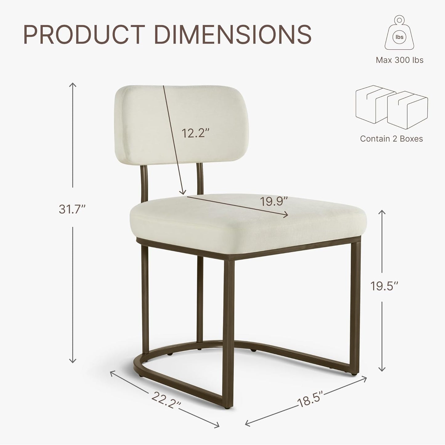 Dining Chairs Set of 6, Upholstered Modern Kitchen Chairs with Ergonomic Backrest, Fabric Cushion Seat & Metal Legs for Living Room, Restaurant, and Café, Ivory, 2Boxs