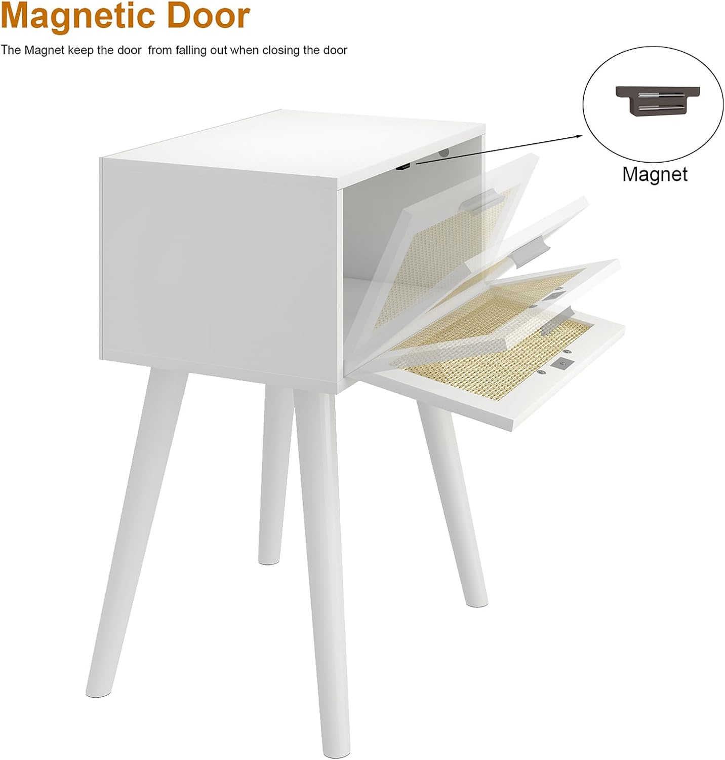 LAATOOREE Table, Nightstand Set of 2 - Small End Table with Rattan Door, Boho Style for Bedroom Living Room - White