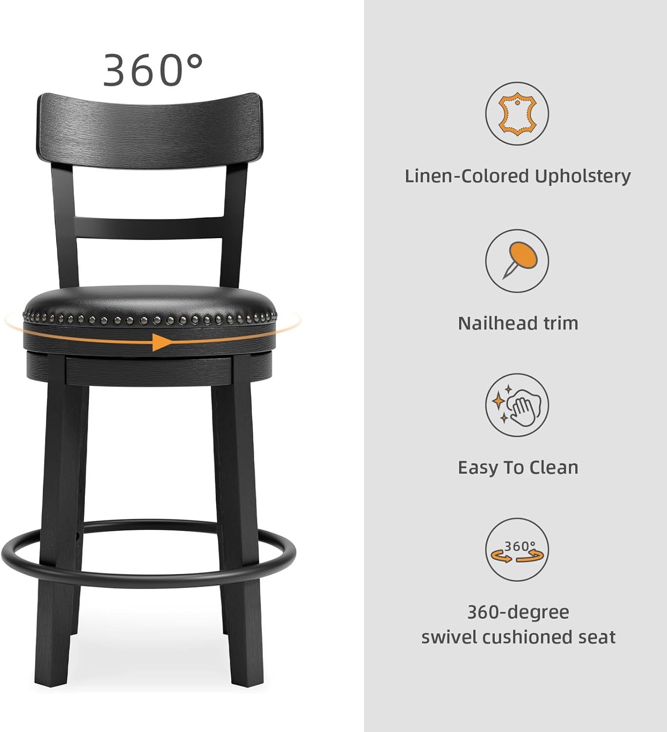 Signature Design by Ashley Valebeck Faux Leather Pub Height Swivel Barstool, 24.38" Seat Height, Black