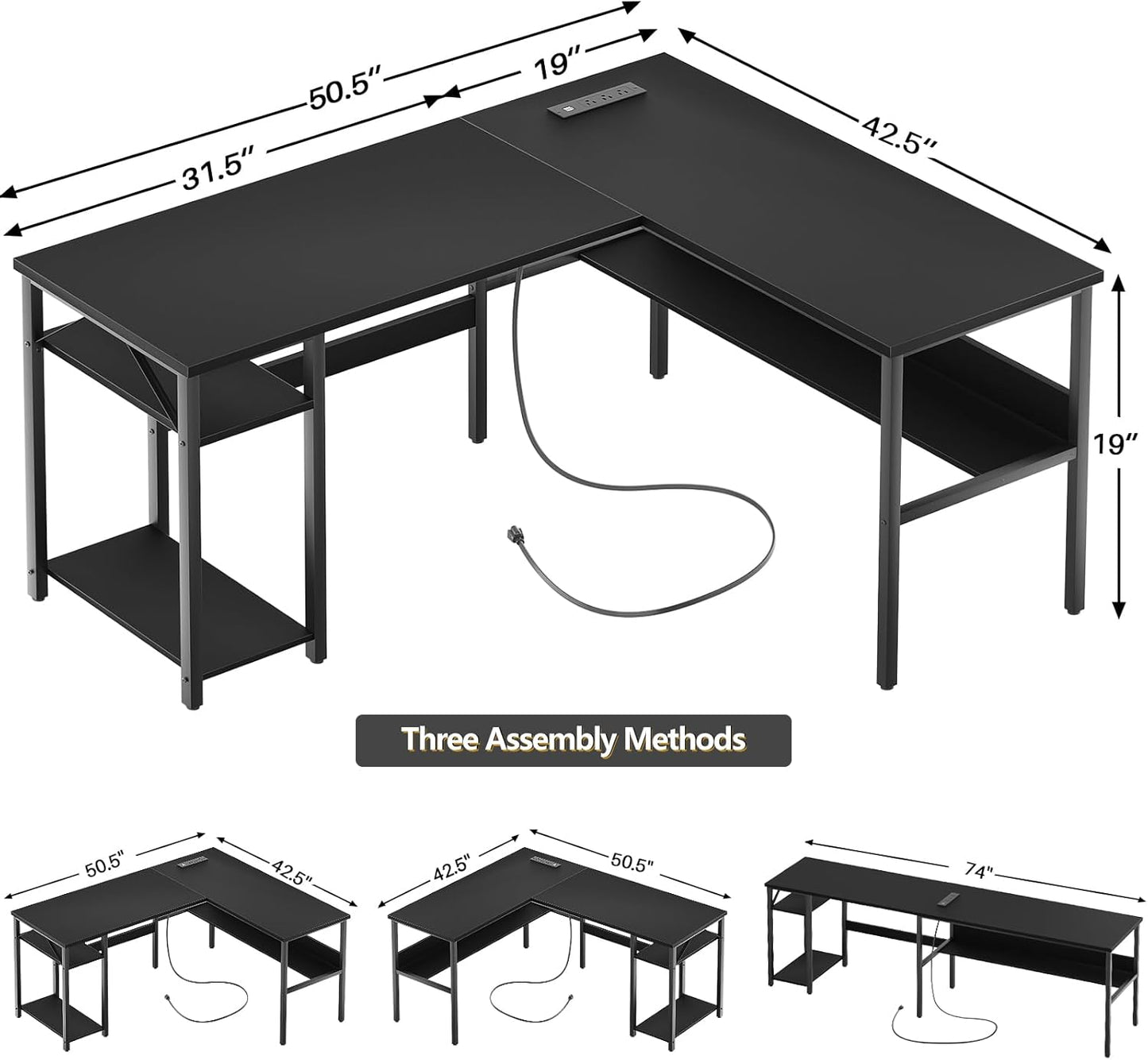 Reversible L Shaped Computer Desk with Magic Power Outlet, Sturdy Office Corner Desk, L Shape Gaming Table with Storage Shelf, Black