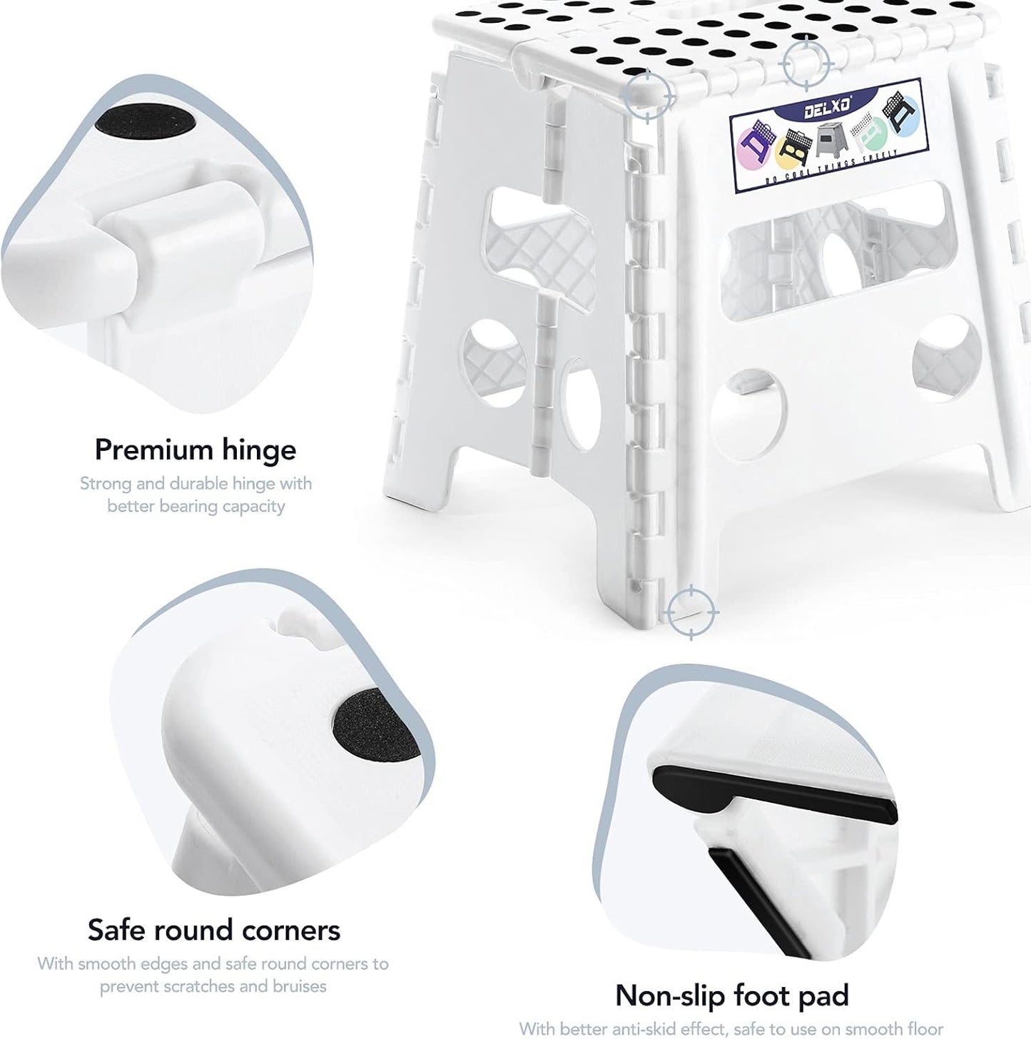 Delxo 13" Folding Step Stool, Non-Slip Foldable Step Stools with Handle,Plastic Portable Folding Stool for Bathroom,Bedroom,Kitchen,Hold up to 300lbs White