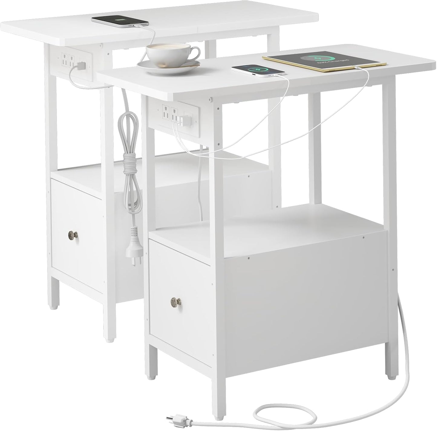 LIDYUK End Table with Charging Station, Narrow Side Table with Drawer and USB Ports & Power Outlets, Nightstand Bedside Tables for Small Spaces, Bedroom, Living Room, White, Set of 2